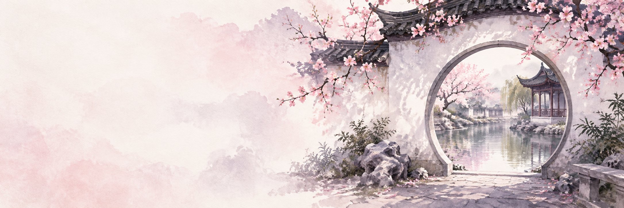AI创作的虚构园林意境：开花枝条、白墙月洞门与水面，不是真实景点照片